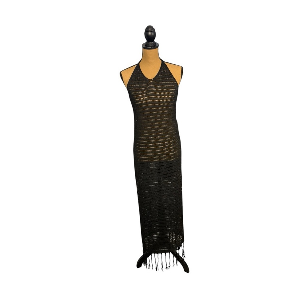 Black Crochet Halter  Maxi Dress Womens Large Boho Festival Beach Cover Up